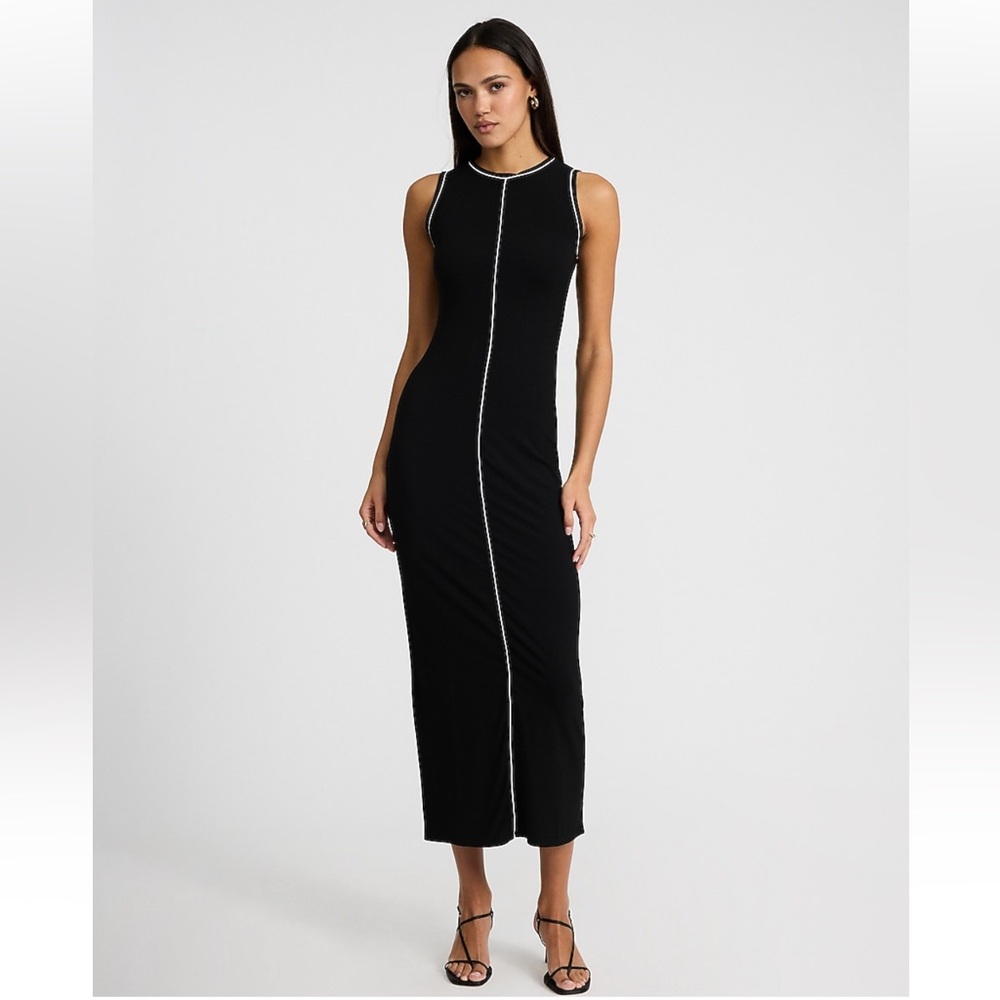 Express Piped Ribbed Crew Neck Sleeveless Black Midi Dress